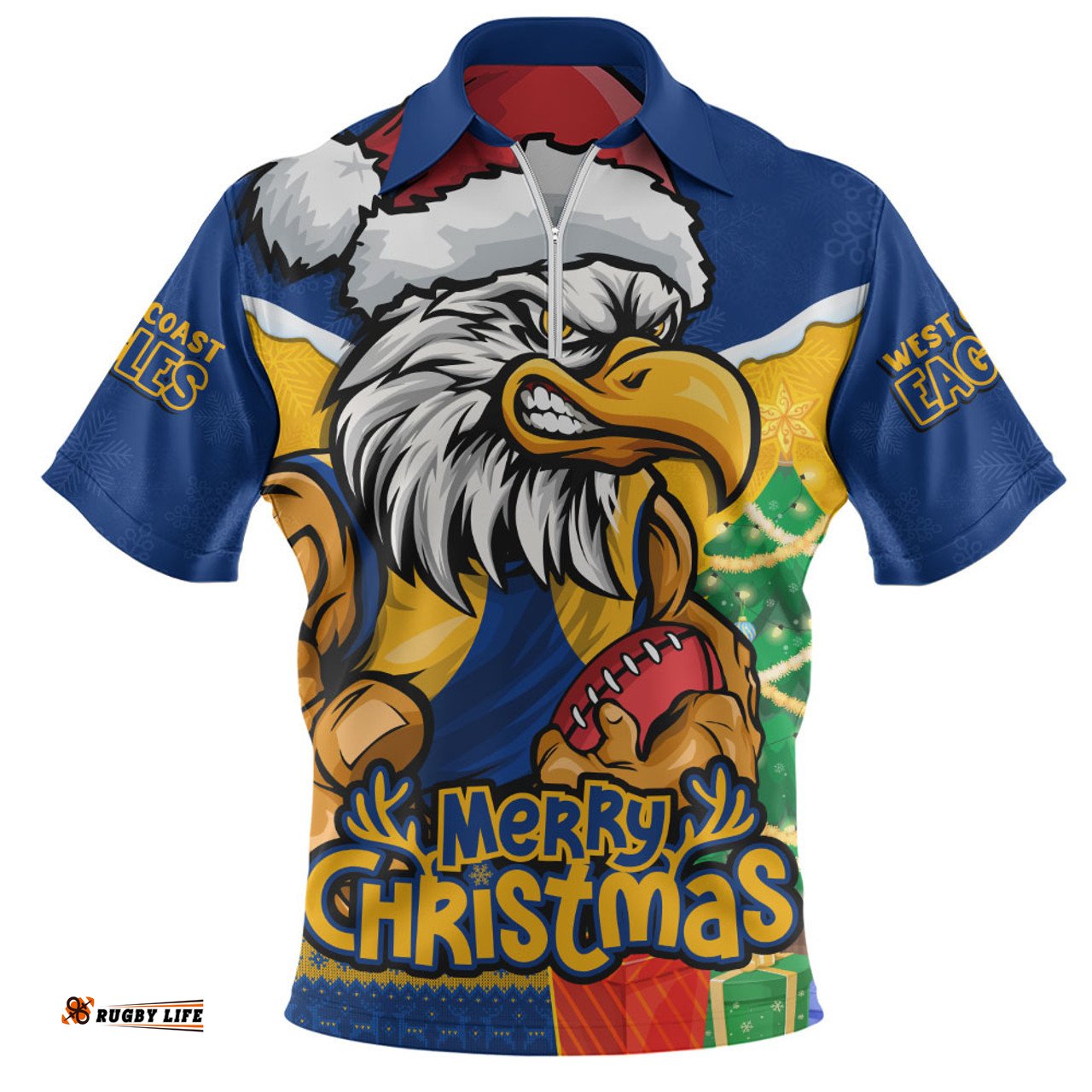 West Coast Eagles Santa Scoring Touchdown On Christmas Game Day Zip Polo Shirt