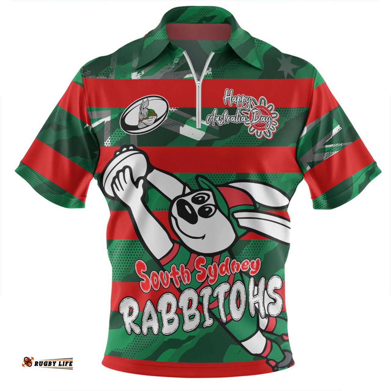 South Sydney Rabbitohs Happy Australia Day We Are One And Free Zip Polo Shirt