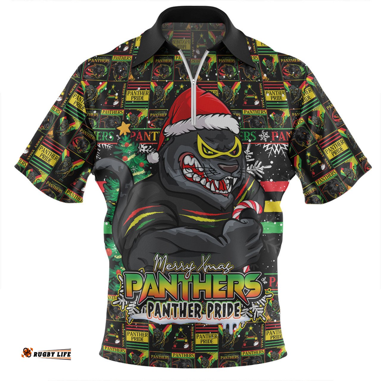 Penrith Panthers Merry Ugly Christmas Comic Style Zip Polo Shirt