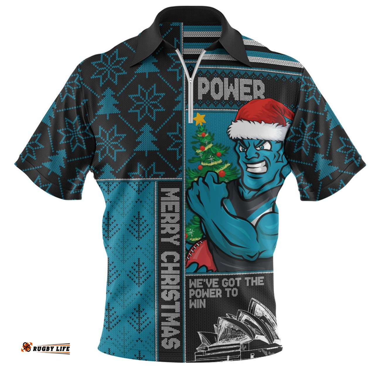 Port Adelaide Merry Christmas Knit Style Festive Spirit Zip Polo Shirt