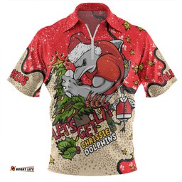 Redcliffe Dolphins Christmas Custom Let's Get Lit Chrisse Pressie Zip Polo Shirt