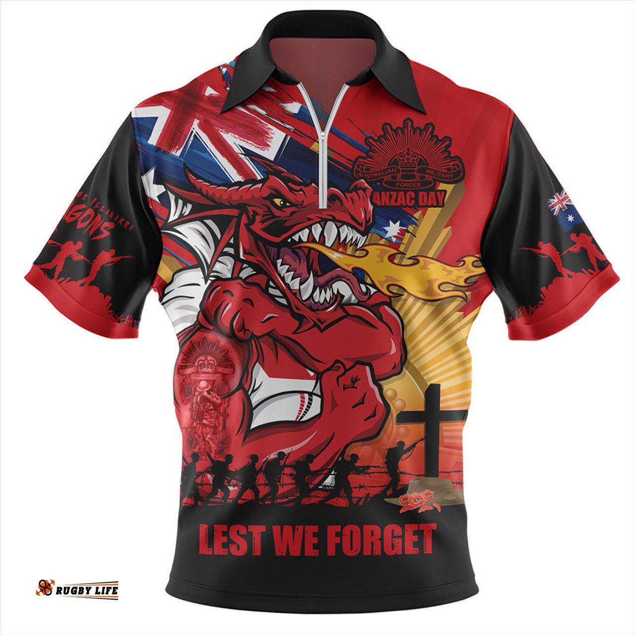 St. George Illawarra Dragons Fearless ANZAC Defender Zip Polo Shirt