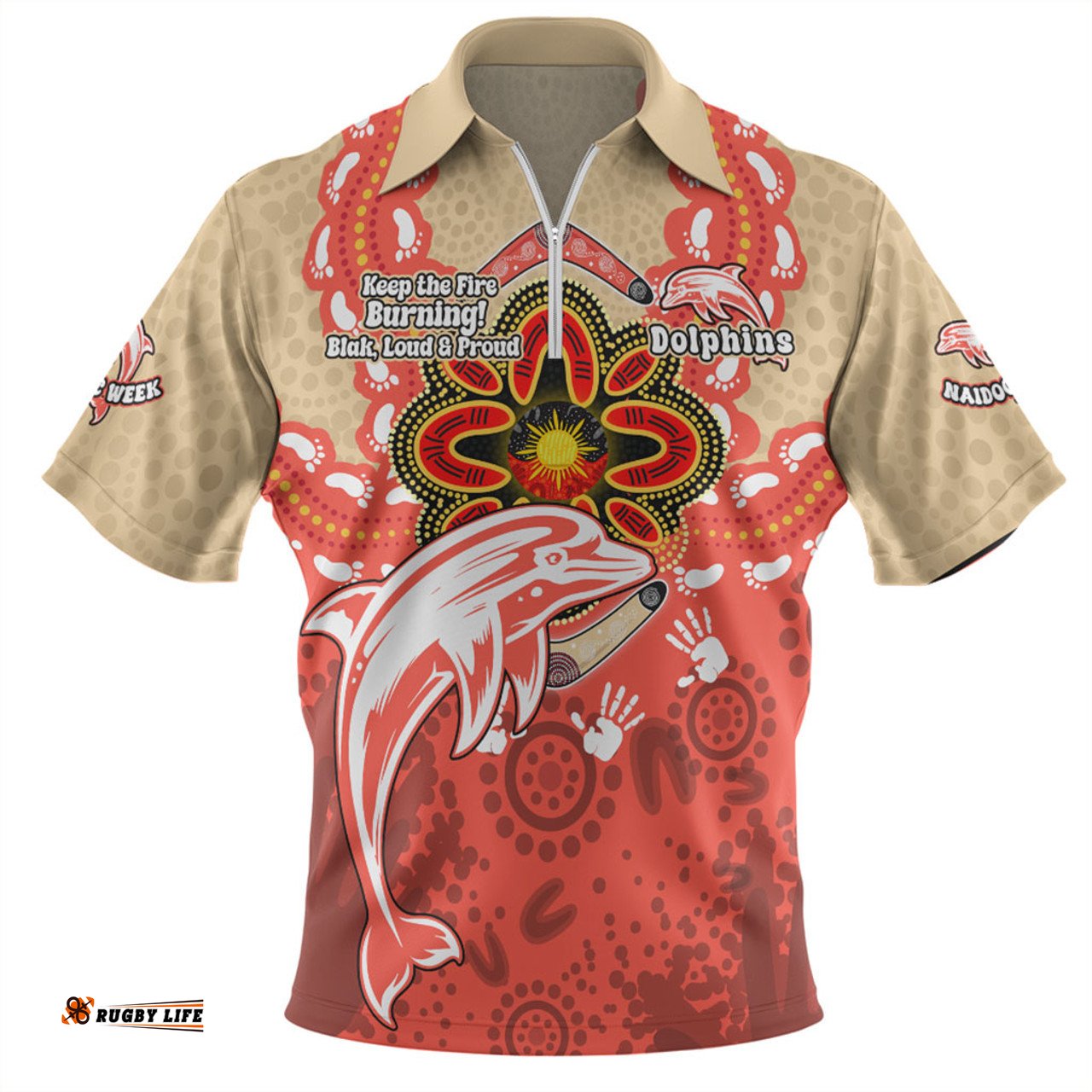 Redcliffe Dolphins Aboriginal Inspired Naidoc Symbol Pattern Zip Polo Shirt