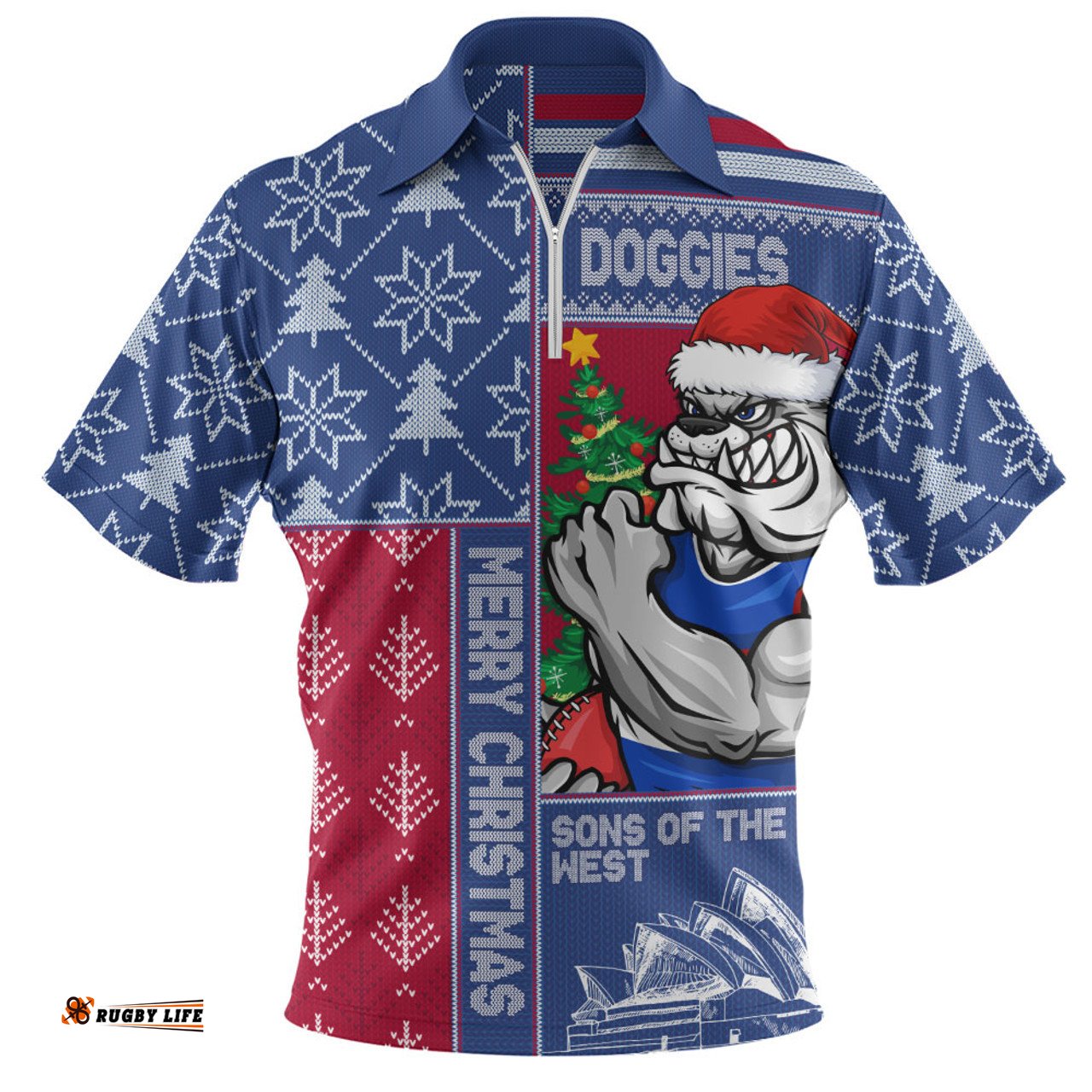 Western Bulldogs Merry Christmas Knit Style Festive Spirit Zip Polo Shirt