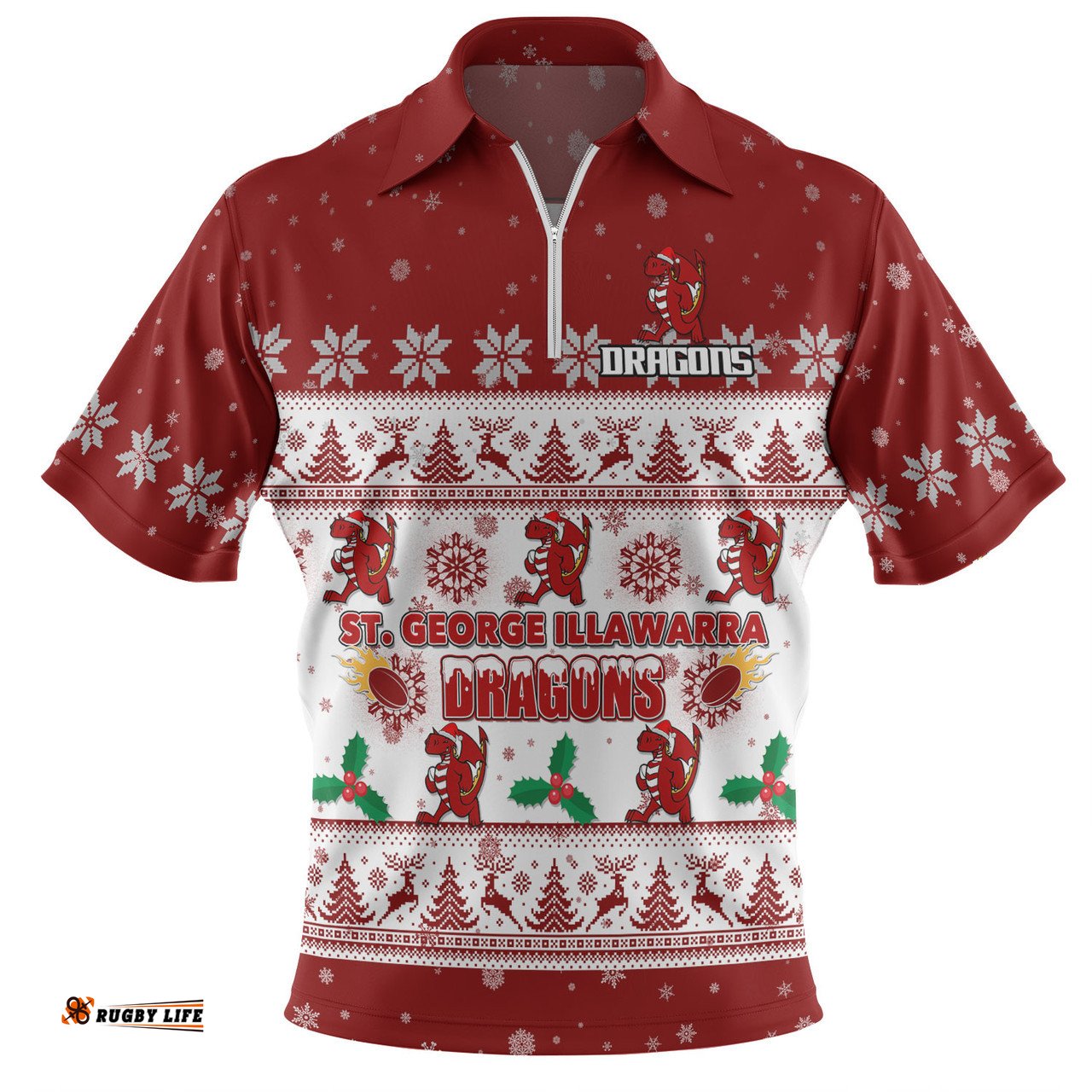 St. George Illawarra Dragons Christmas Custom Special Ugly Christmas Zip Polo Shirt