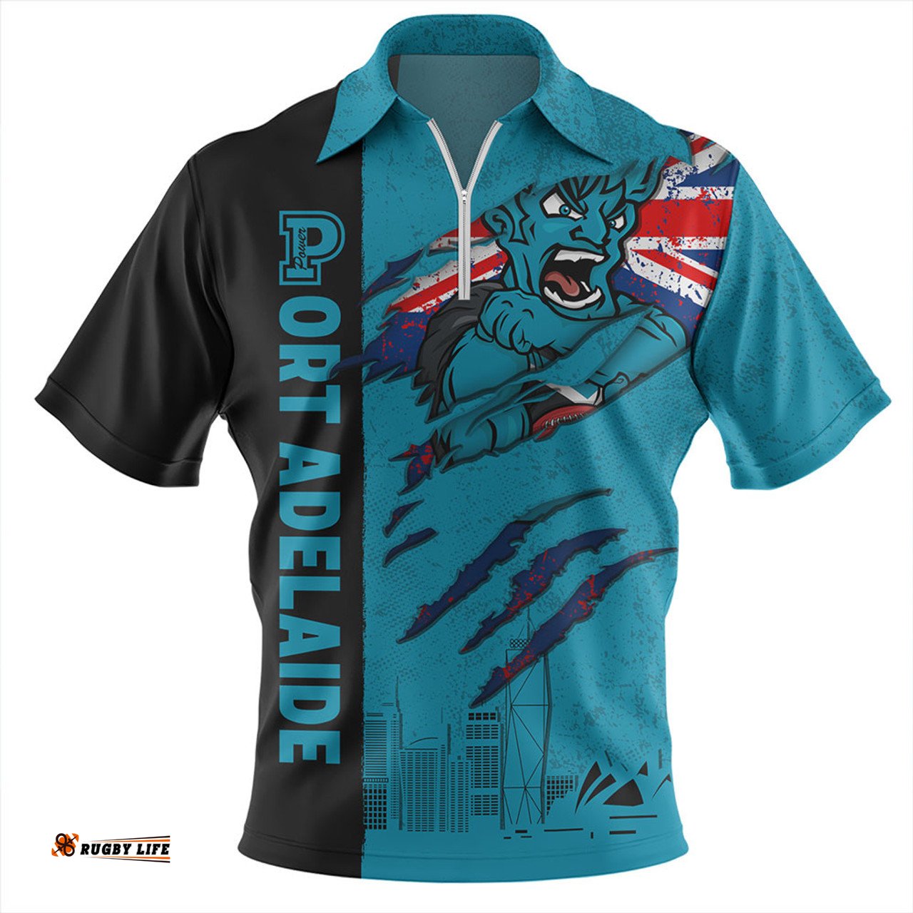 Port Adelaide Burning Passion Of Power Scratch Style Zip Polo Shirt