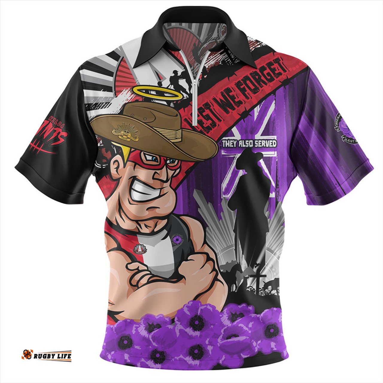 St Kilda ANZAC Day Honor Purple Valor And Spirit Zip Polo Shirt