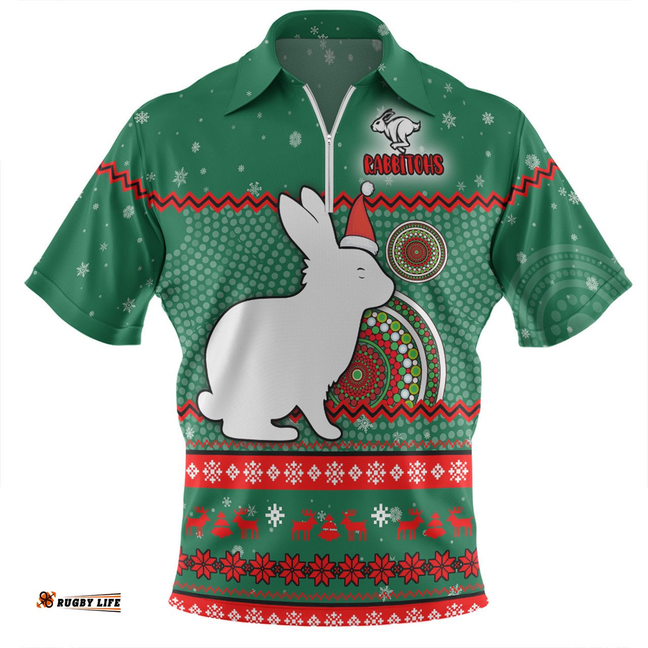 South Sydney Rabbitohs Custom Ugly Xmas And Aboriginal Patterns For Die Hard Fan Zip Polo Shirt