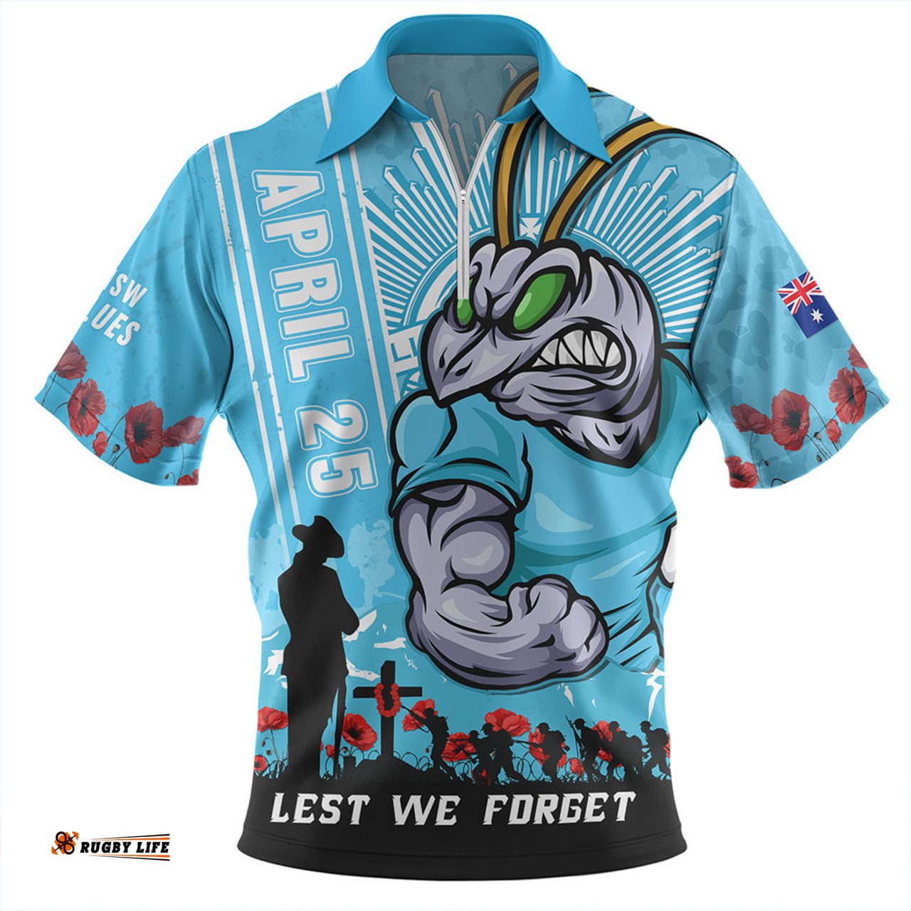 New South Wales Blues Anzac Day Lest We Forget Strong Fighting Spirit Zip Polo Shirt