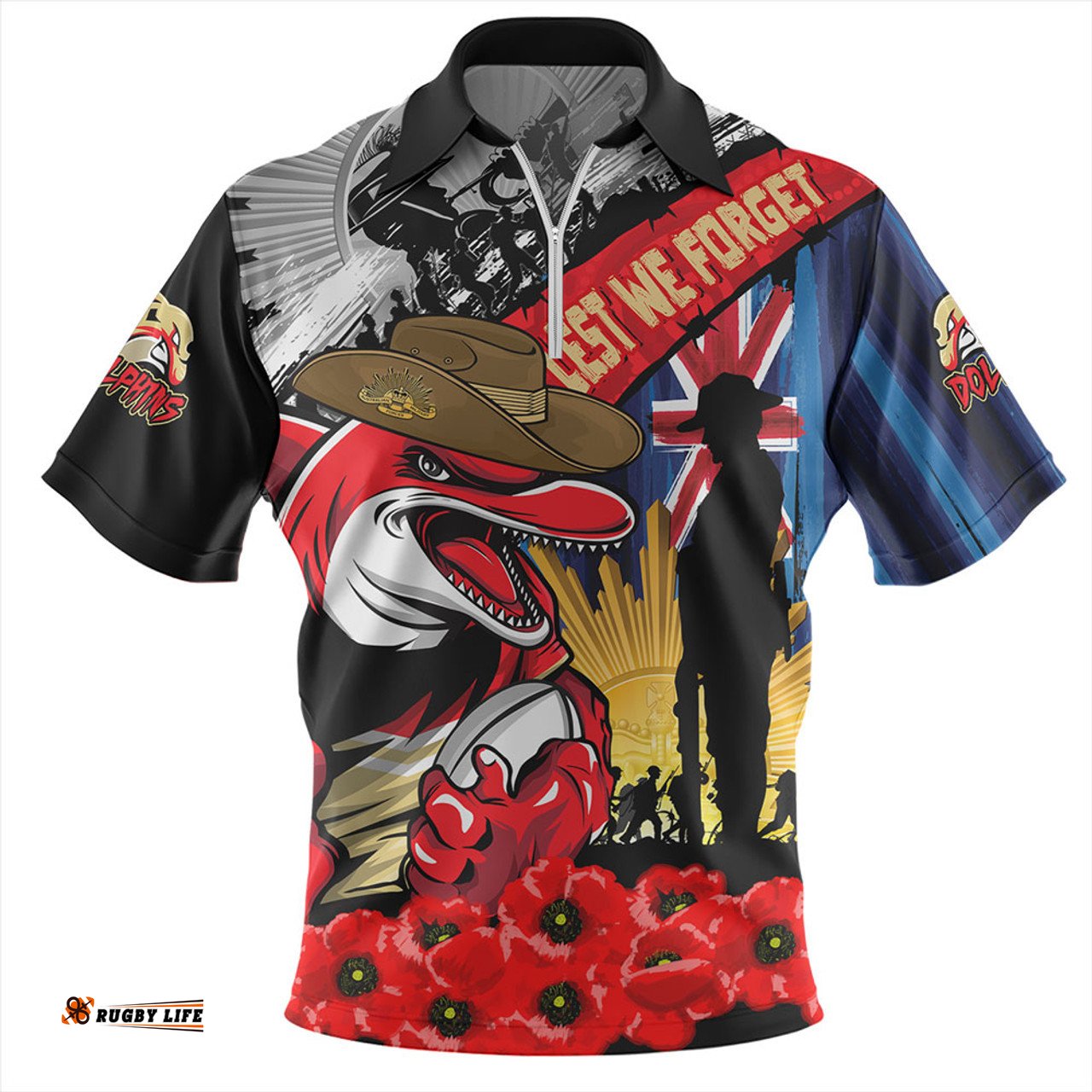 Redcliffe Dolphins United In Spirit Anzac Day Tribute Zip Polo Shirt
