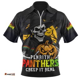 Penrith Panthers Dark Moon Rugby Halloween Battle Edition Zip Polo Shirt