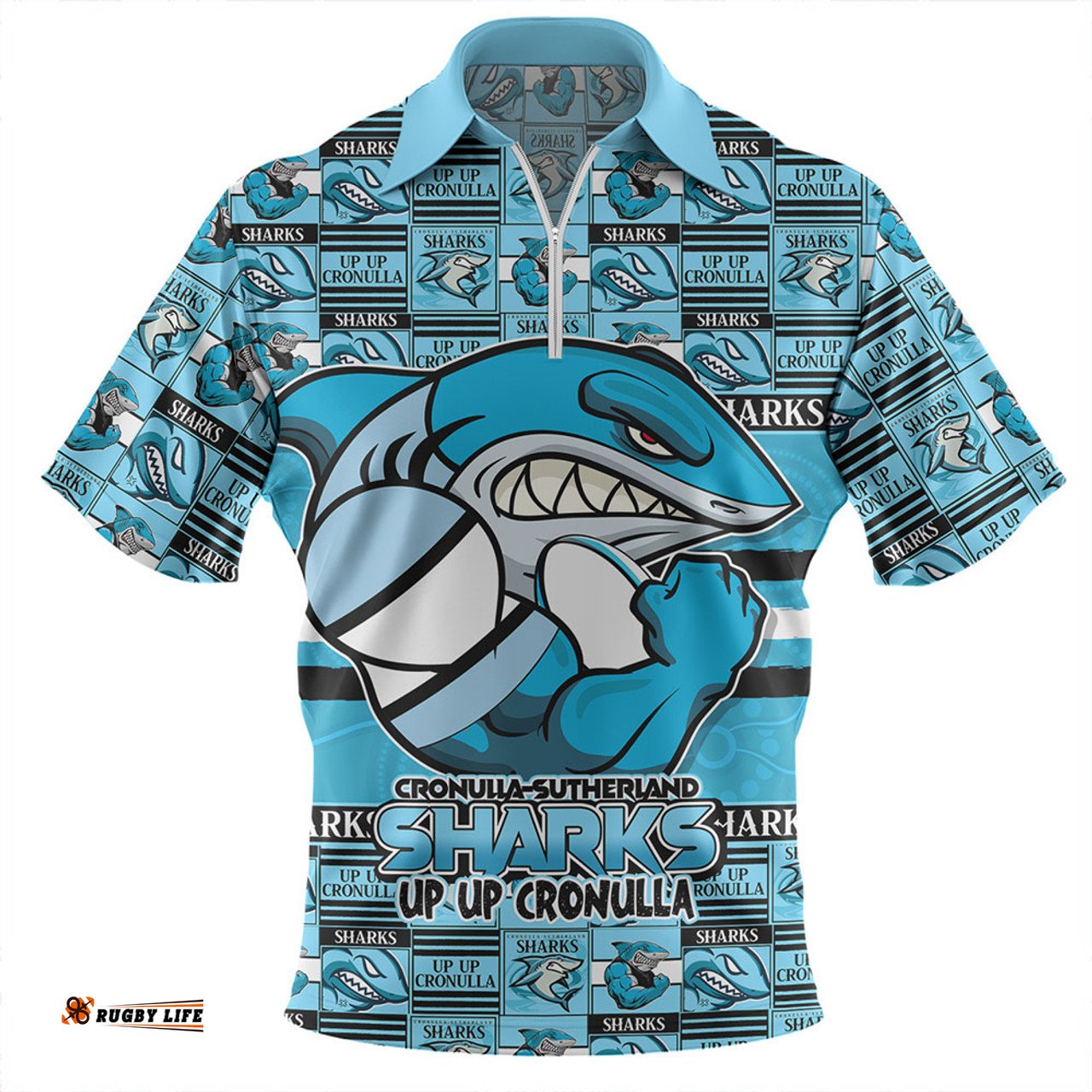 Cronulla Sutherland Sharks Champions Pride Comic Style Zip Polo Shirt