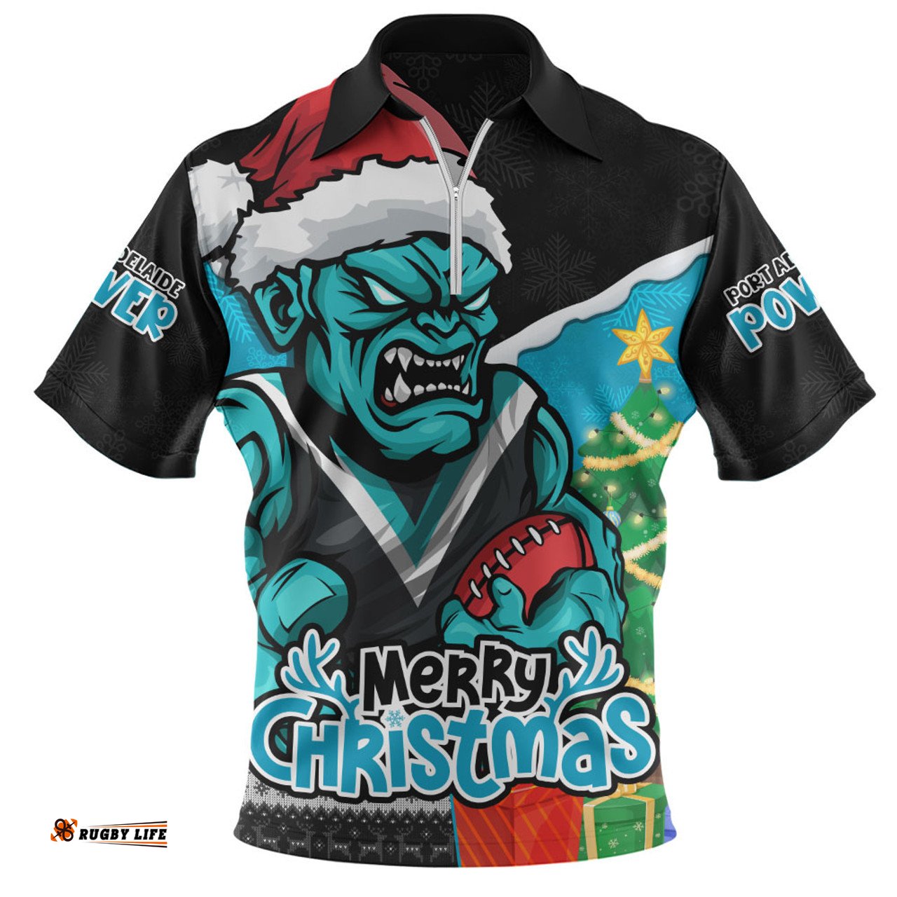 Port Adelaide Santa Scoring Touchdown On Christmas Game Day Zip Polo Shirt