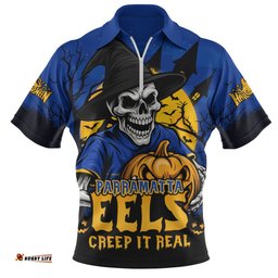 Parramatta Eels Dark Moon Rugby Halloween Battle Edition Zip Polo Shirt