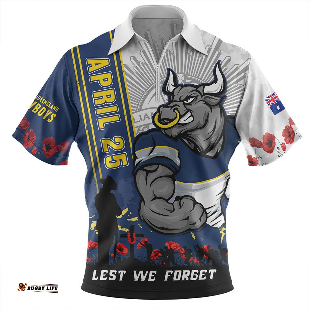 North Queensland Cowboys Anzac Day Lest We Forget Strong Fighting Spirit Zip Polo Shirt