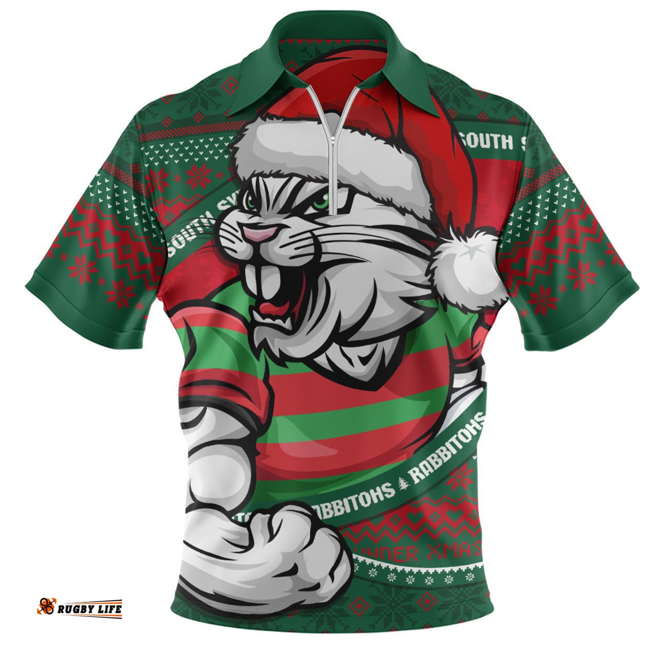 South Sydney Rabbitohs Ugly Knit Style For Christmas Game Fans Zip Polo Shirt