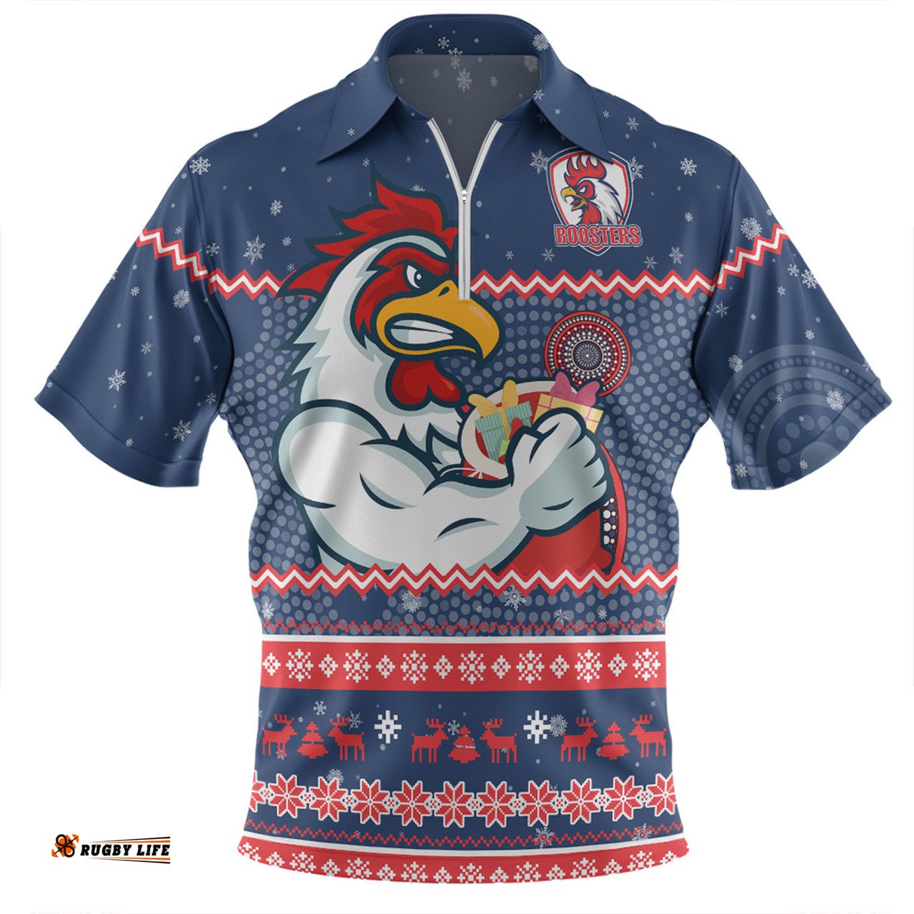 Sydney Roosters Christmas Custom Ugly Xmas And Aboriginal Patterns For Die Hard Fan Zip Polo Shirt