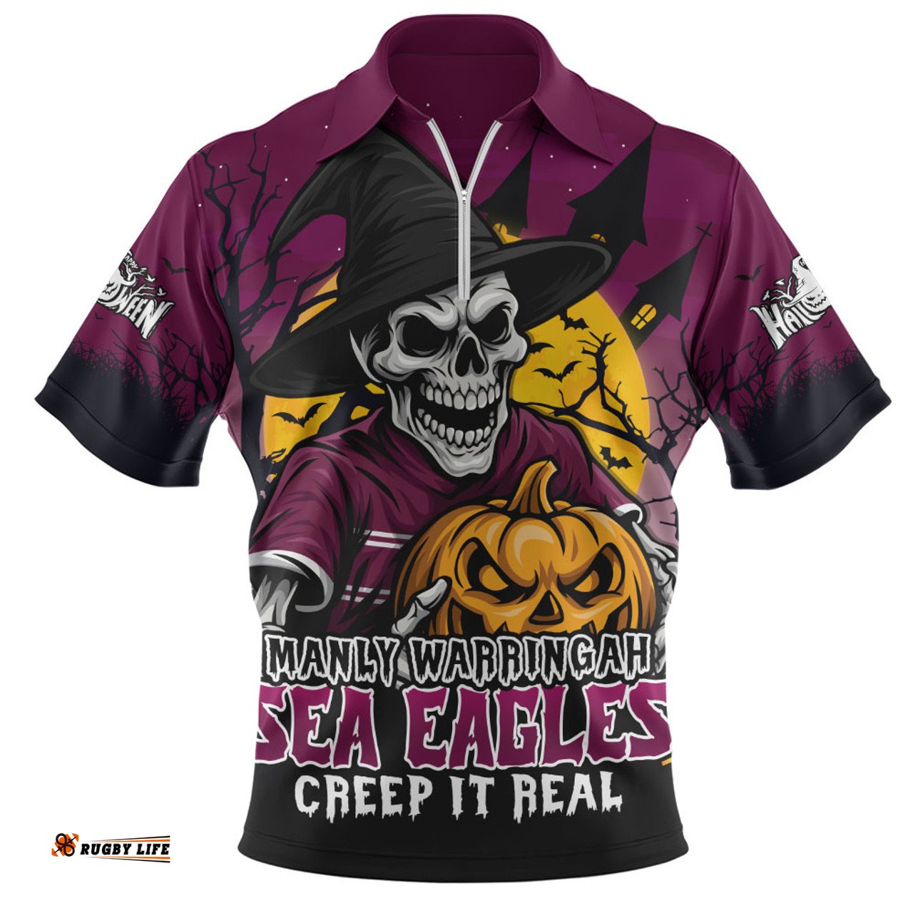 Manly Warringah Sea Eagles Dark Moon Rugby Halloween Battle Edition Zip Polo Shirt