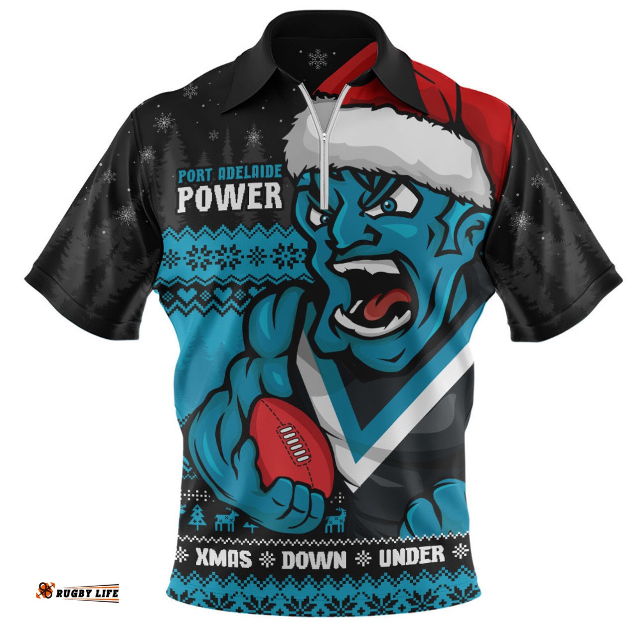 Port Adelaide Merry Christmas Down Under Footy Power Style Zip Polo Shirt