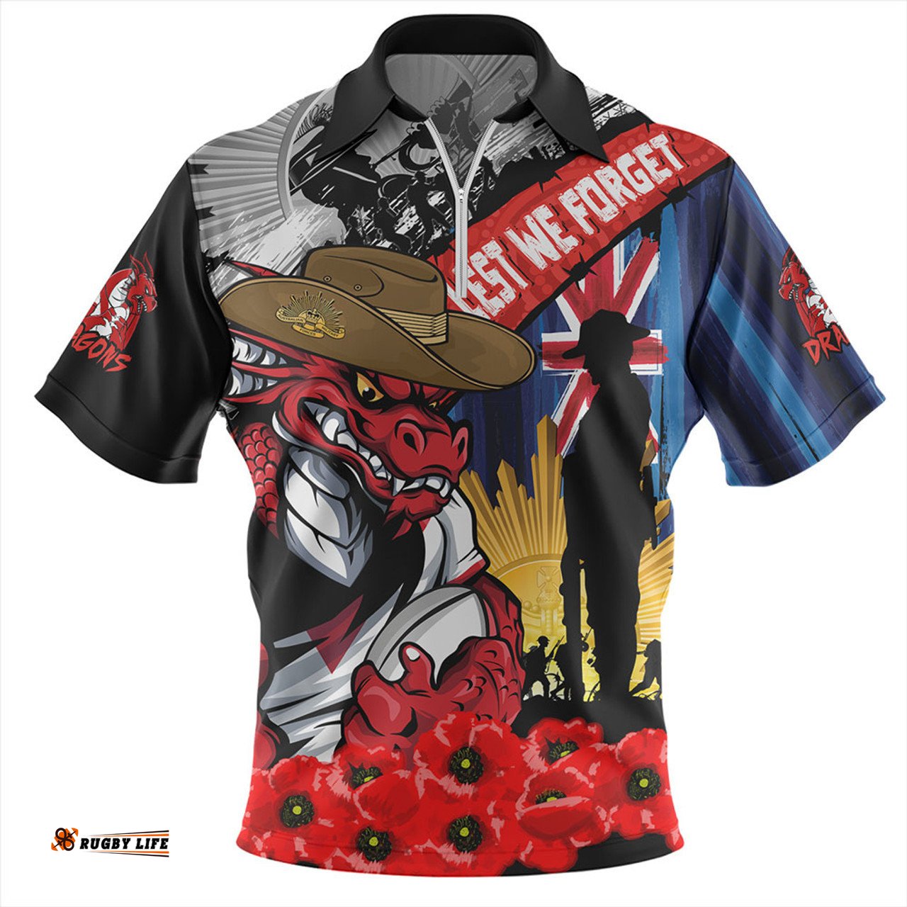 St. George Illawarra Dragons United In Spirit Anzac Day Tribute Zip Polo Shirt