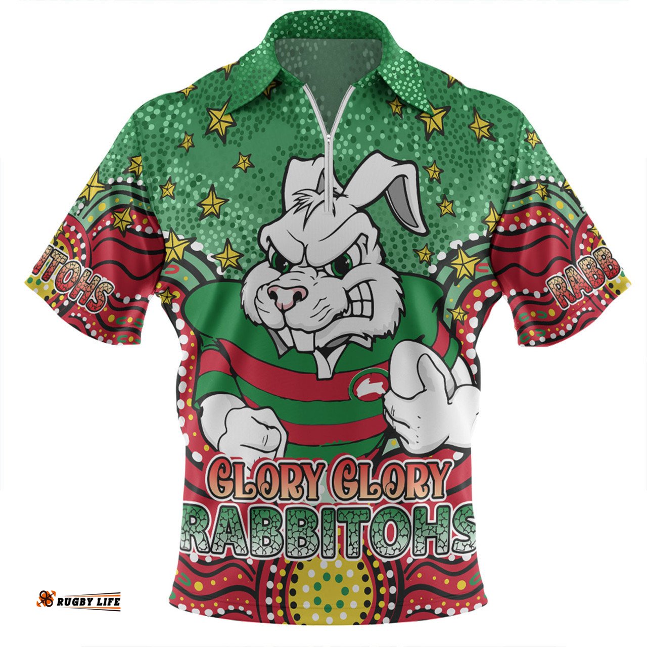 South Sydney Rabbitohs Custom With Aboriginal Inspired Style Of Dot Painting Patterns Zip Polo Shirt