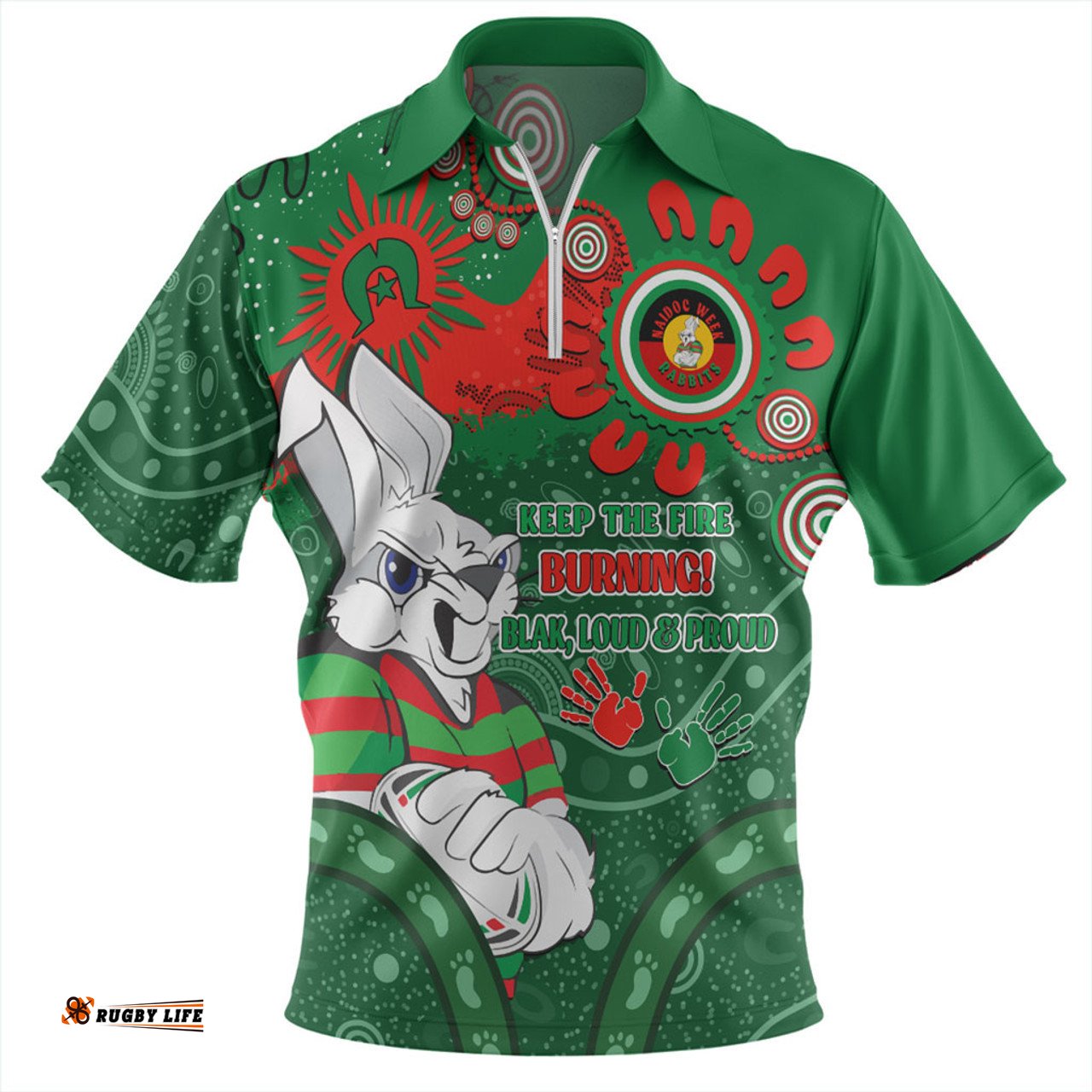 South Sydney Rabbitohs Aboriginal Indigenous Naidoc Week Dreamtime Dot Painting With Flag Zip Polo Shirt