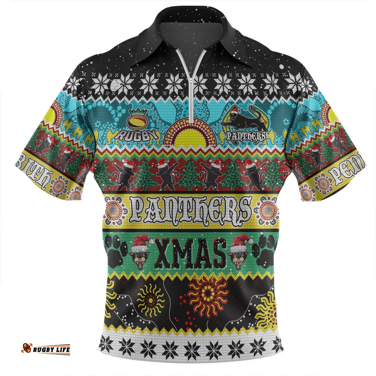 Penrith Panthers Christmas Aboriginal Custom Indigenous Knitted Ugly Xmas Style Zip Polo Shirt