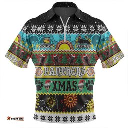 Penrith Panthers Christmas Aboriginal Custom Indigenous Knitted Ugly Xmas Style Zip Polo Shirt