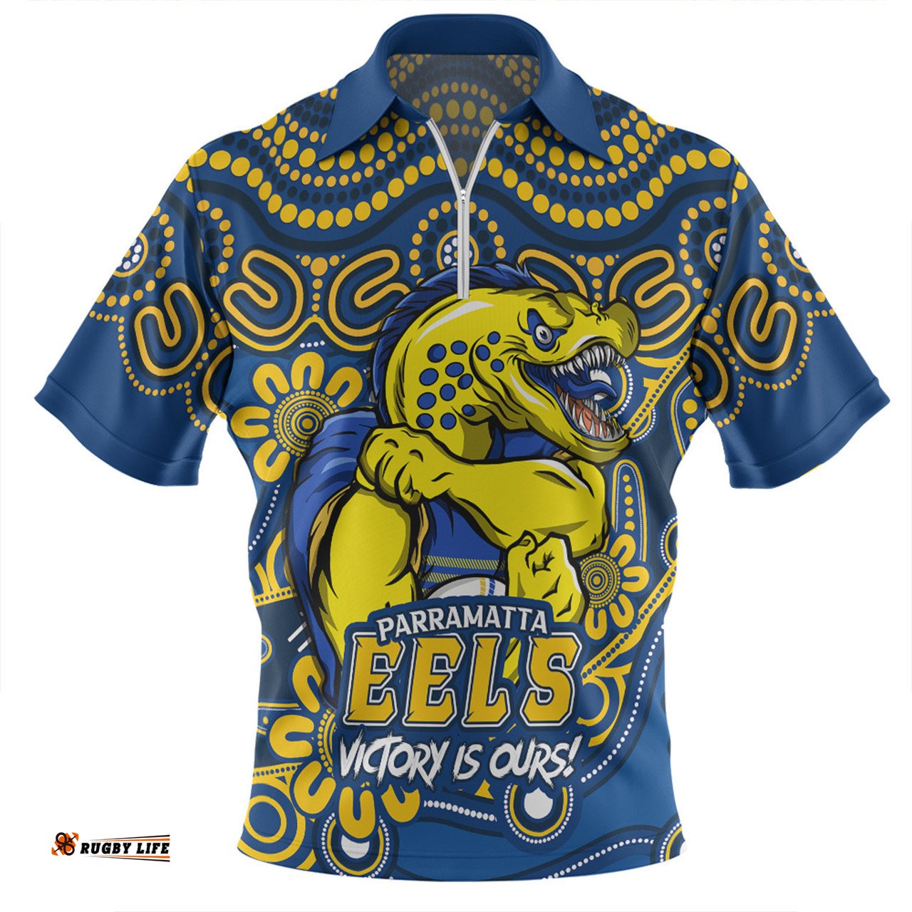 Parramatta Eels Aboriginal Inspired Tough Fan Rugby For Life Zip Polo Shirt