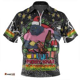 Penrith Panthers Christmas Custom Merry Christmas Our Beloved Team With Aboriginal Dot Art Pattern Zip Polo Shirt
