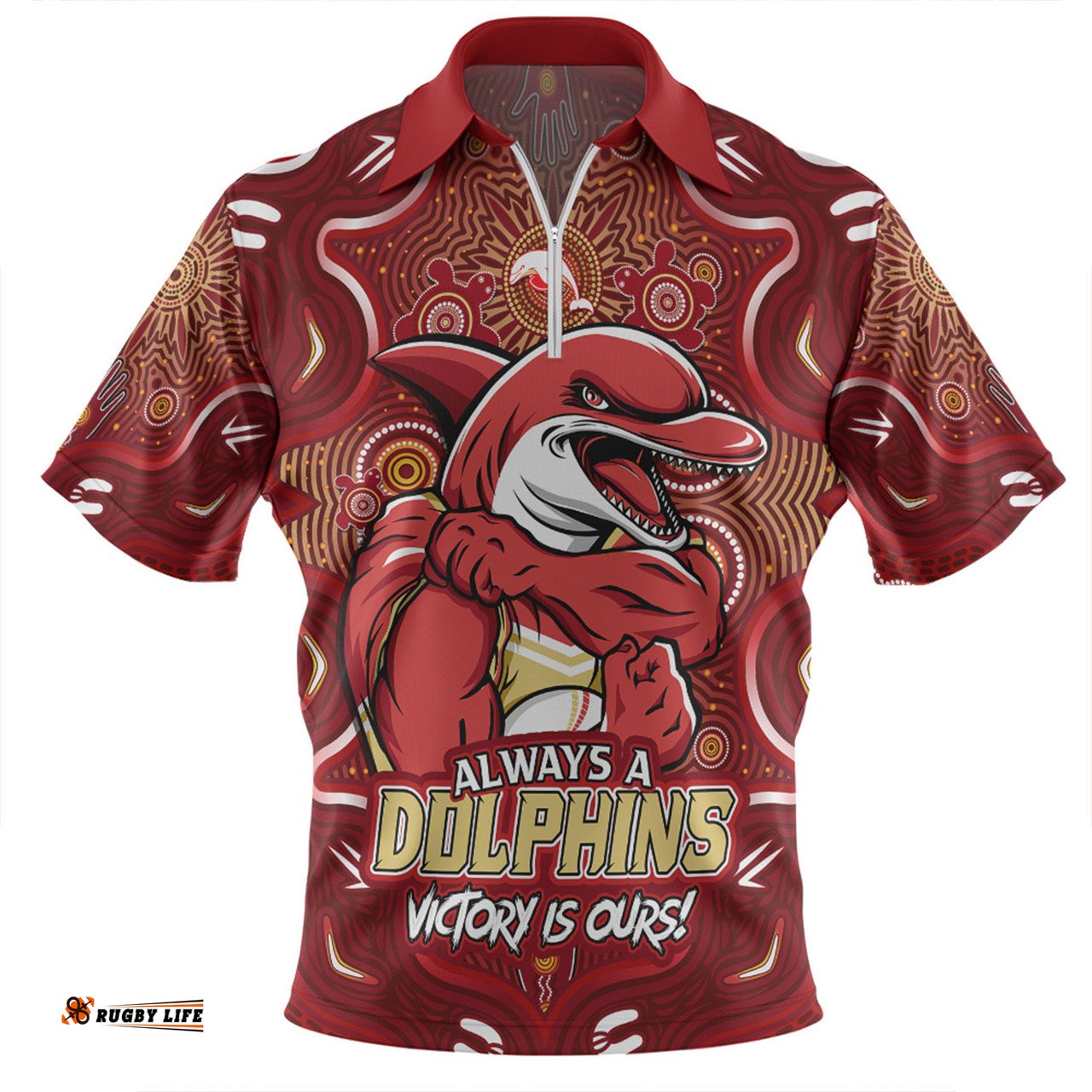 Redcliffe Dolphins Aboriginal Pattern Inspired Victory Is Ours Zip Polo Shirt
