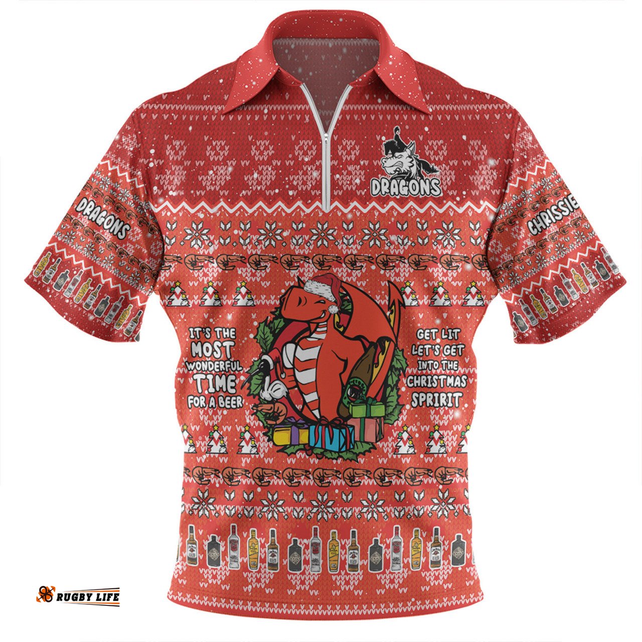 St. George Illawarra Dragons Christmas Custom Chrissie Spirit Zip Polo Shirt