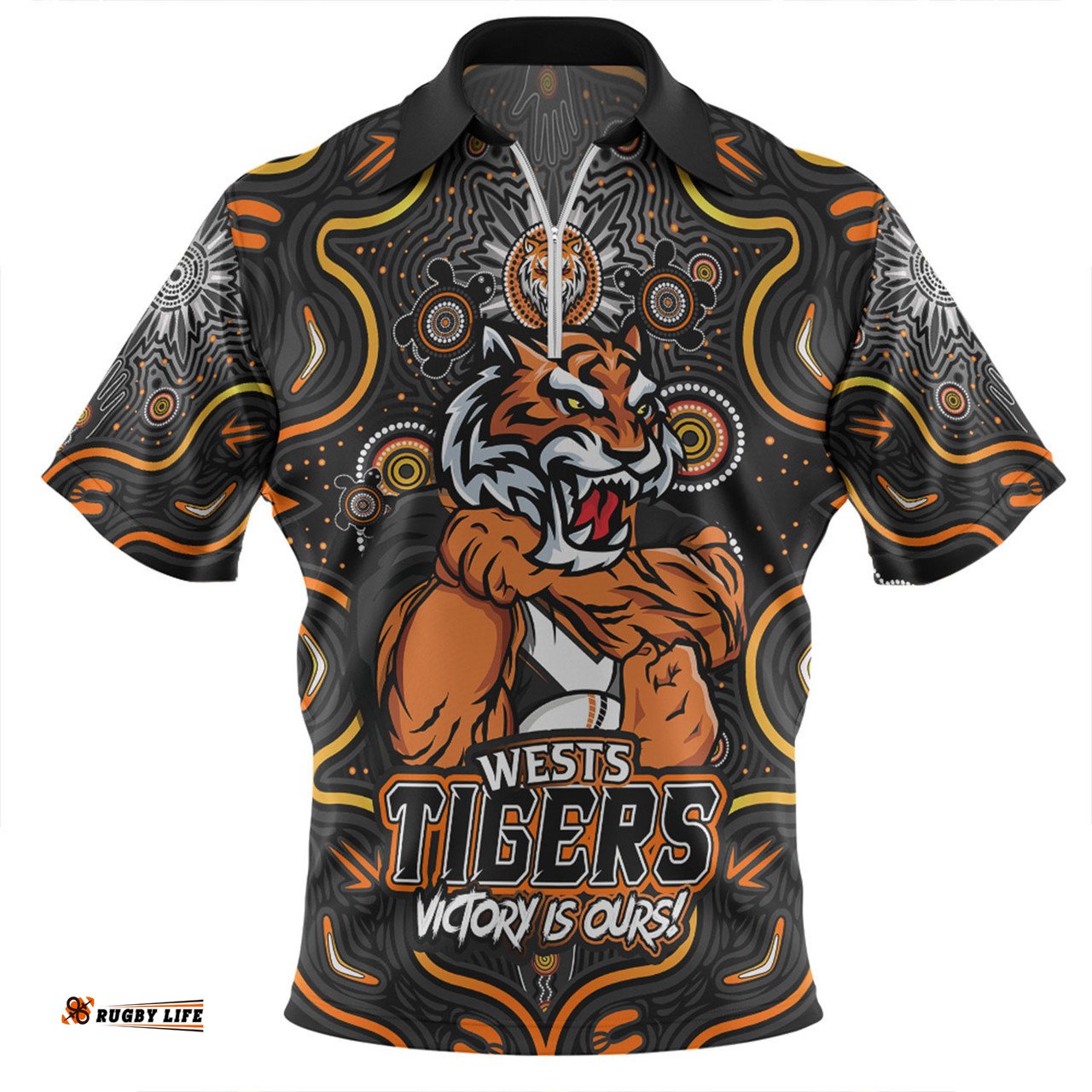 Wests Tigers Aboriginal Pattern Inspired Victory Is Ours Zip Polo Shirt