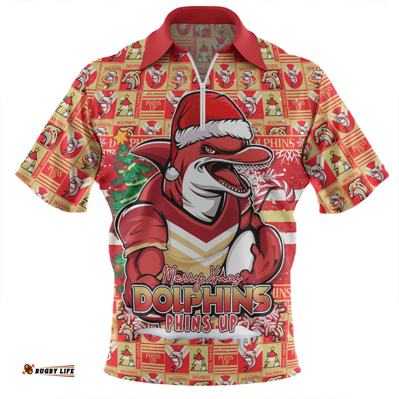 Redcliffe Dolphins Merry Ugly Christmas Comic Style Zip Polo Shirt