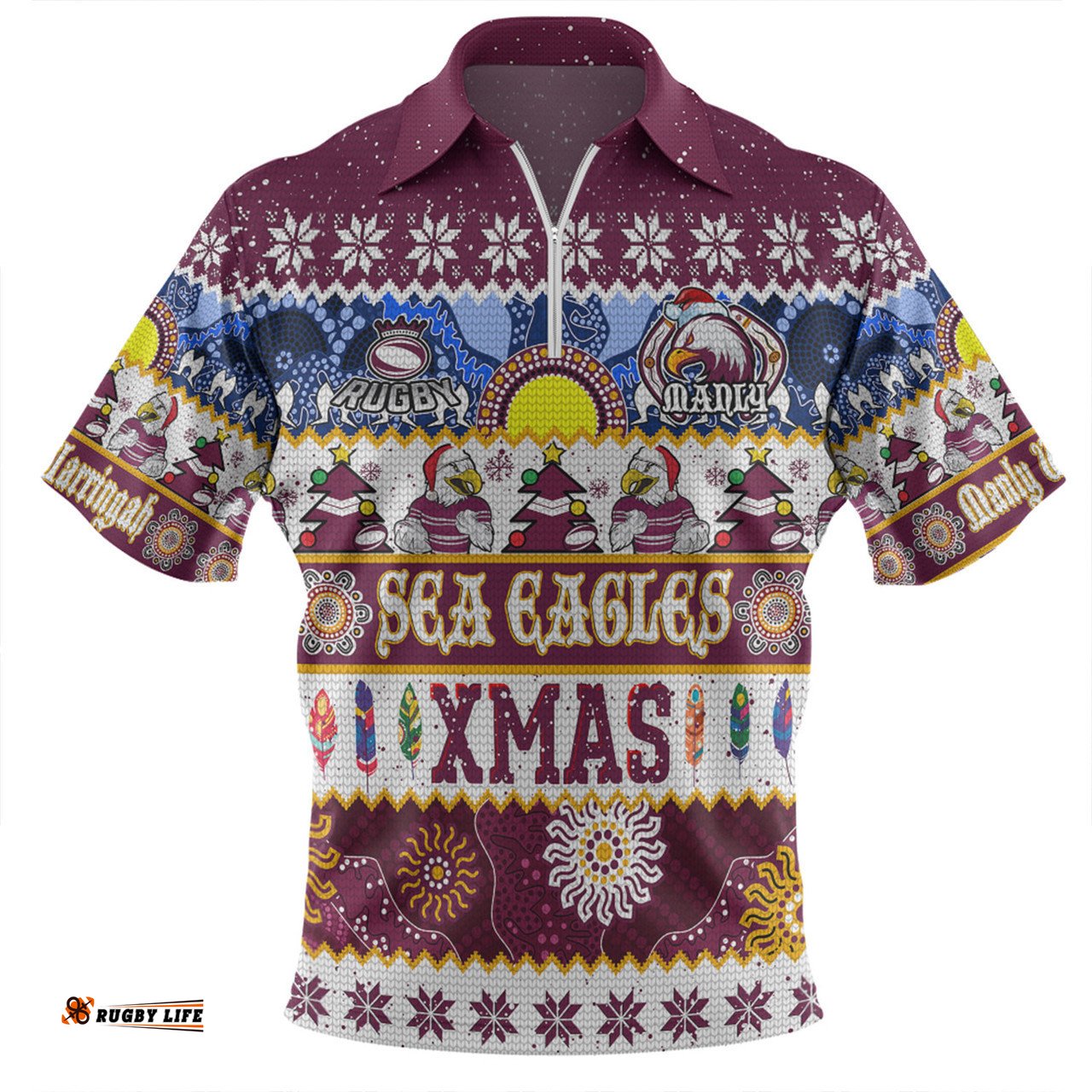 Manly Warringah Sea Eagles Christmas Aboriginal Custom Indigenous Knitted Ugly Xmas Style Zip Polo Shirt