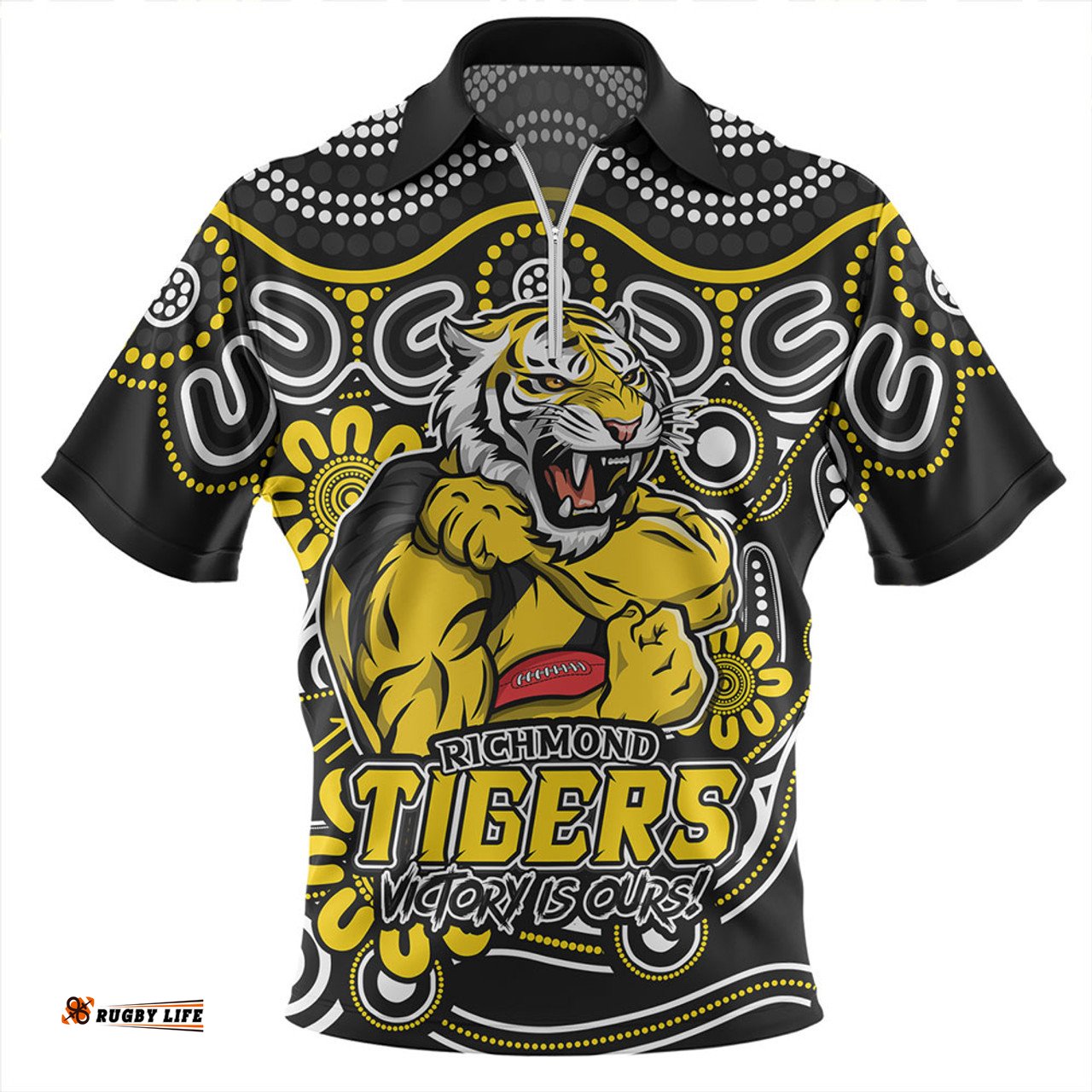Richmond Aboriginal Inspired Tough Fan Football For Life Zip Polo Shirt