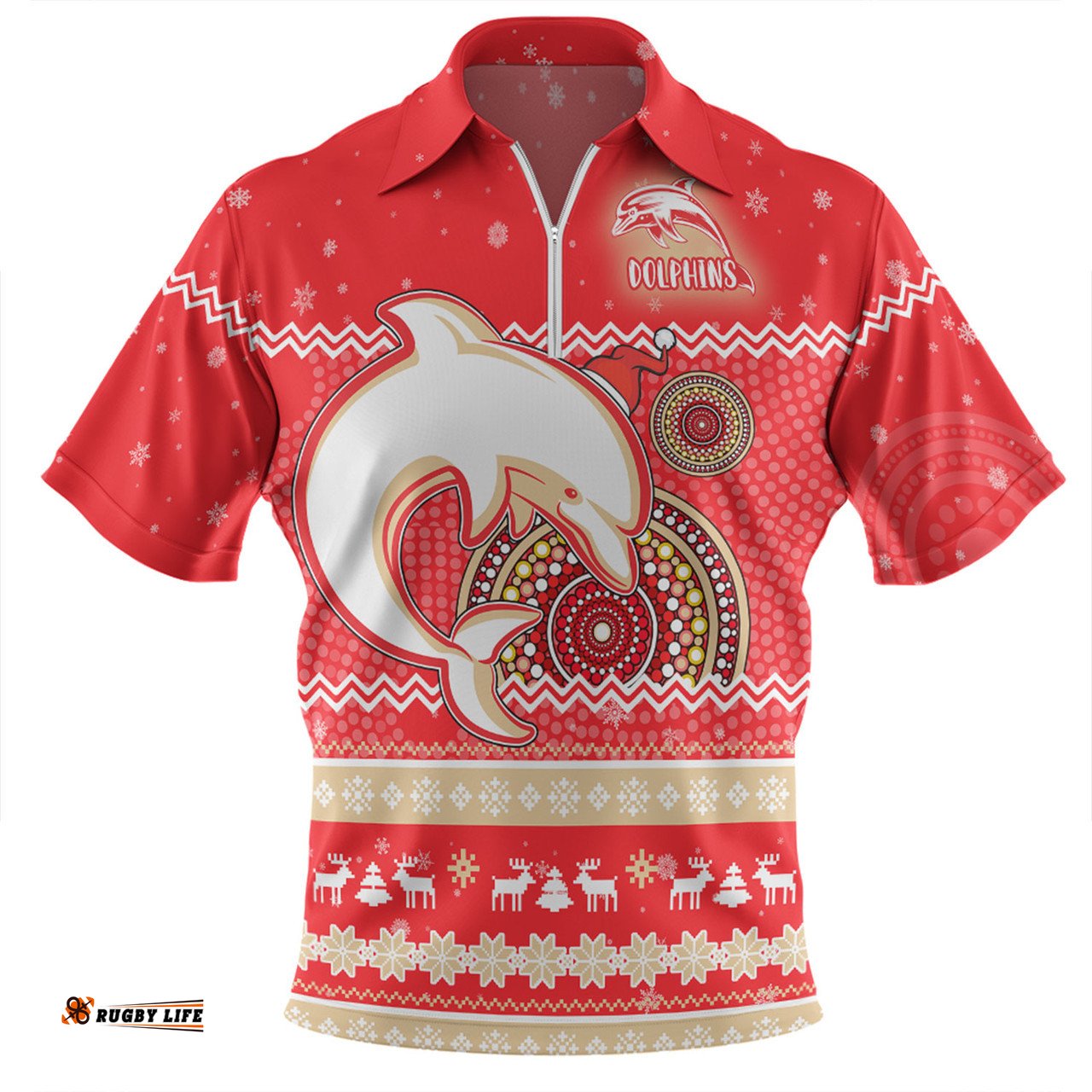 Redcliffe Dolphins Christmas Custom Ugly Xmas And Aboriginal Patterns For Die Hard Fan Zip Polo Shirt