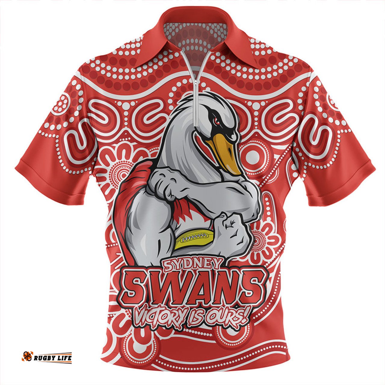 Sydney Swans Aboriginal Inspired Tough Fan Football For Life Zip Polo Shirt