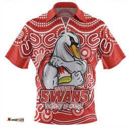 Sydney Swans Aboriginal Inspired Tough Fan Football For Life Zip Polo Shirt
