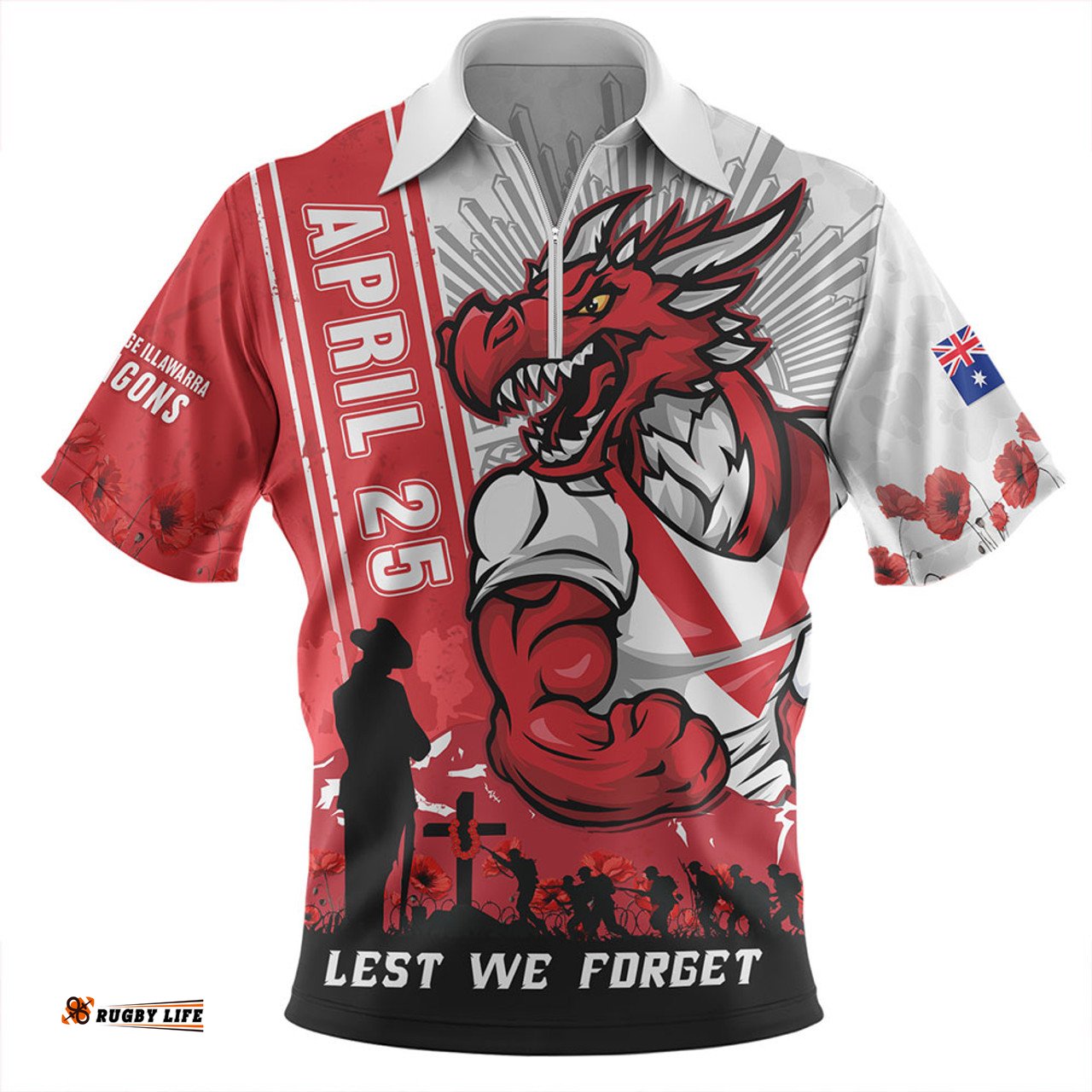 St. George Illawarra Dragons Anzac Day Lest We Forget Strong Fighting Spirit Zip Polo Shirt