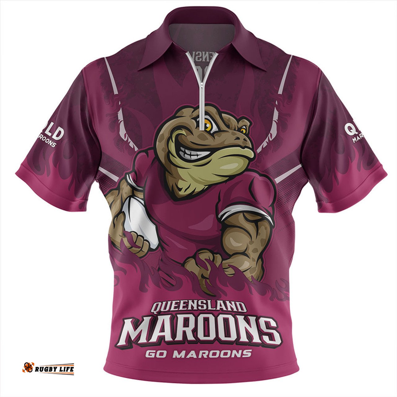 Queensland Maroons Strong Fighting Flame Go Maroons Zip Polo Shirt