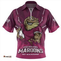 Queensland Maroons Strong Fighting Flame Go Maroons Zip Polo Shirt