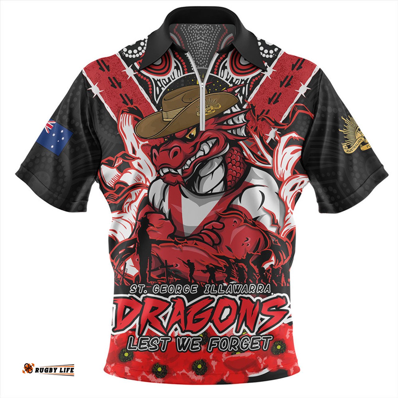 St. George Illawarra Dragons Ripped Legacy Of The Game The ANZAC Spirit Lives On Zip Polo Shirt