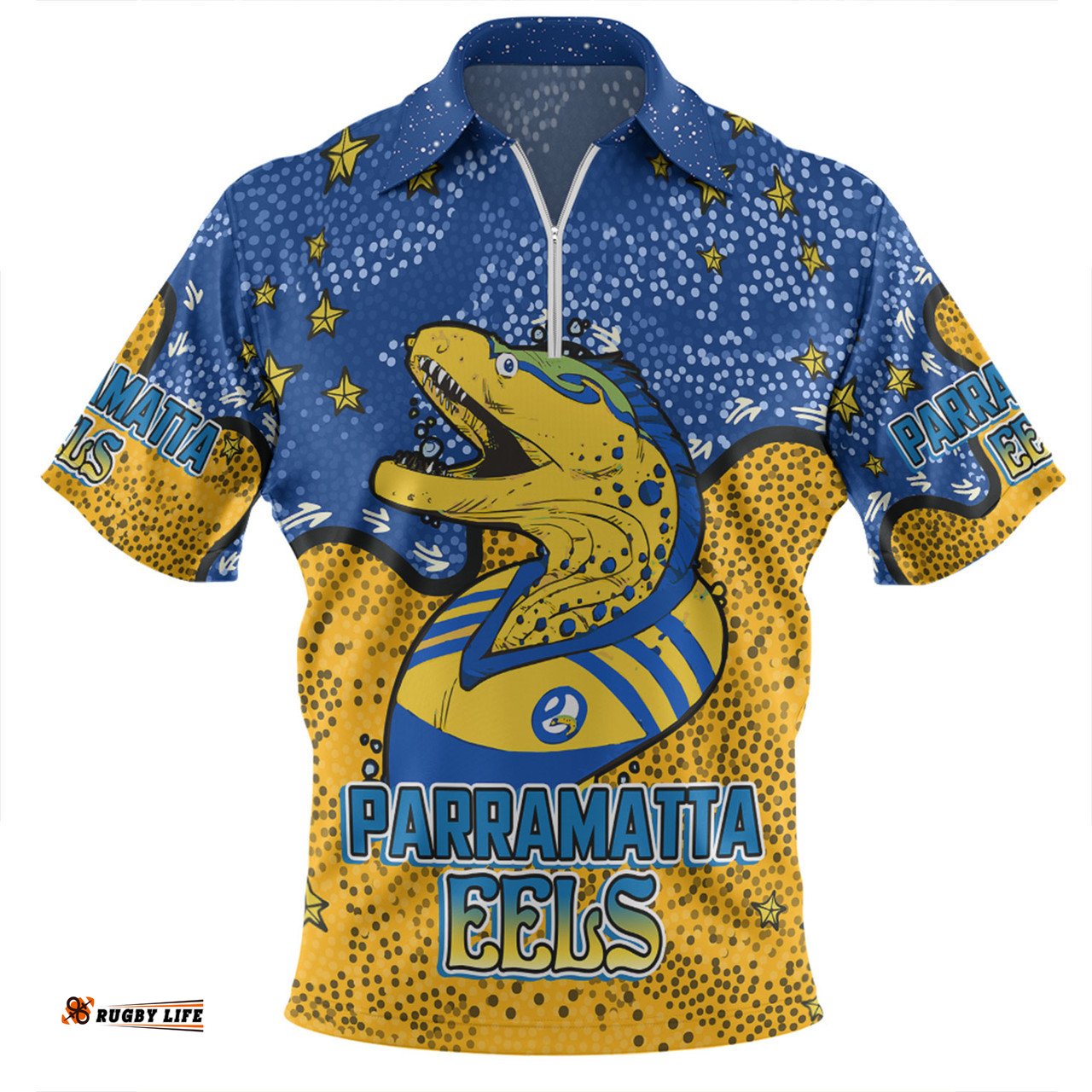 Parramatta Eels Custom Team With Dot And Star Patterns For Tough Fan Zip Polo Shirt