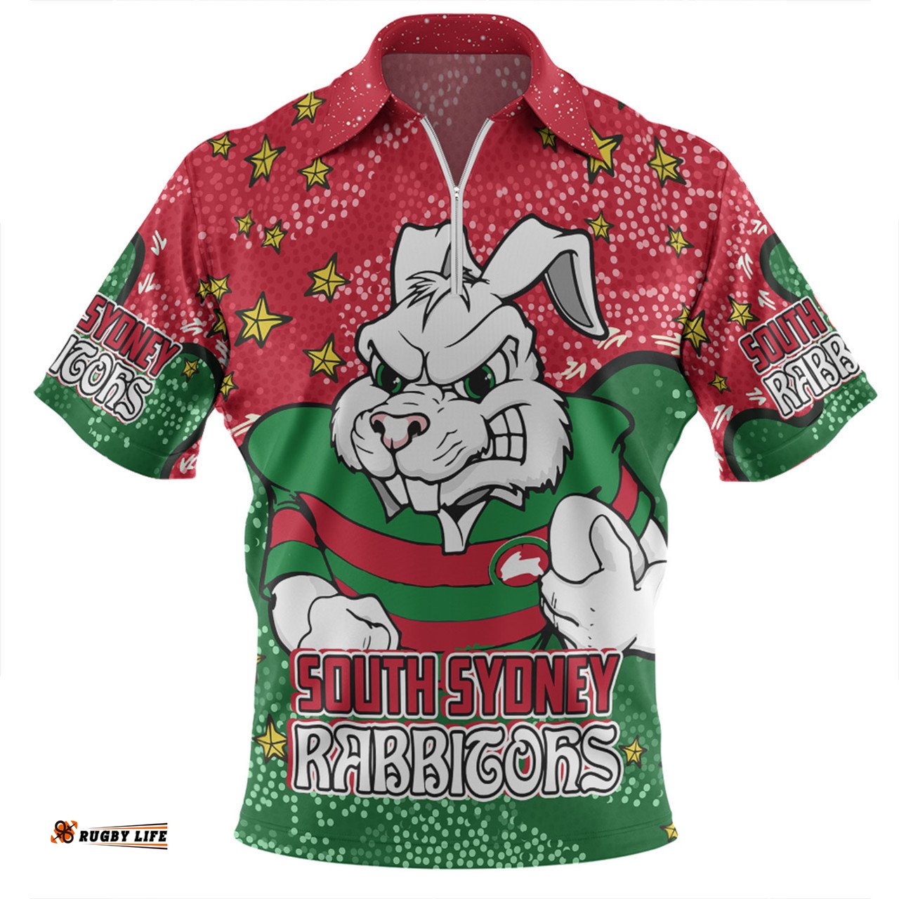 South Sydney Rabbitohs Team With Dot And Star Patterns For Tough Fan Zip Polo Shirt