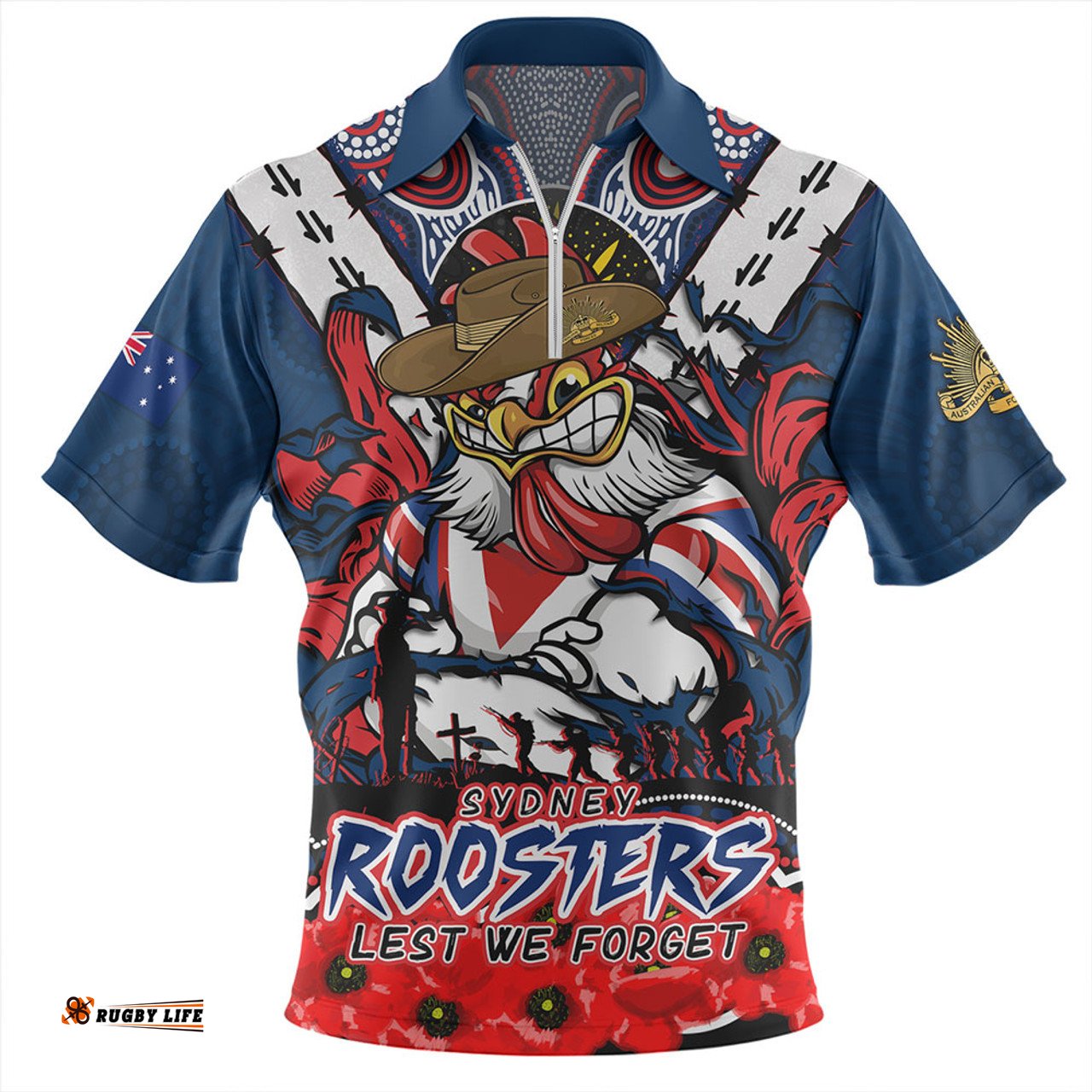 Sydney Roosters Ripped Legacy Of The Game The ANZAC Spirit Lives On Zip Polo Shirt