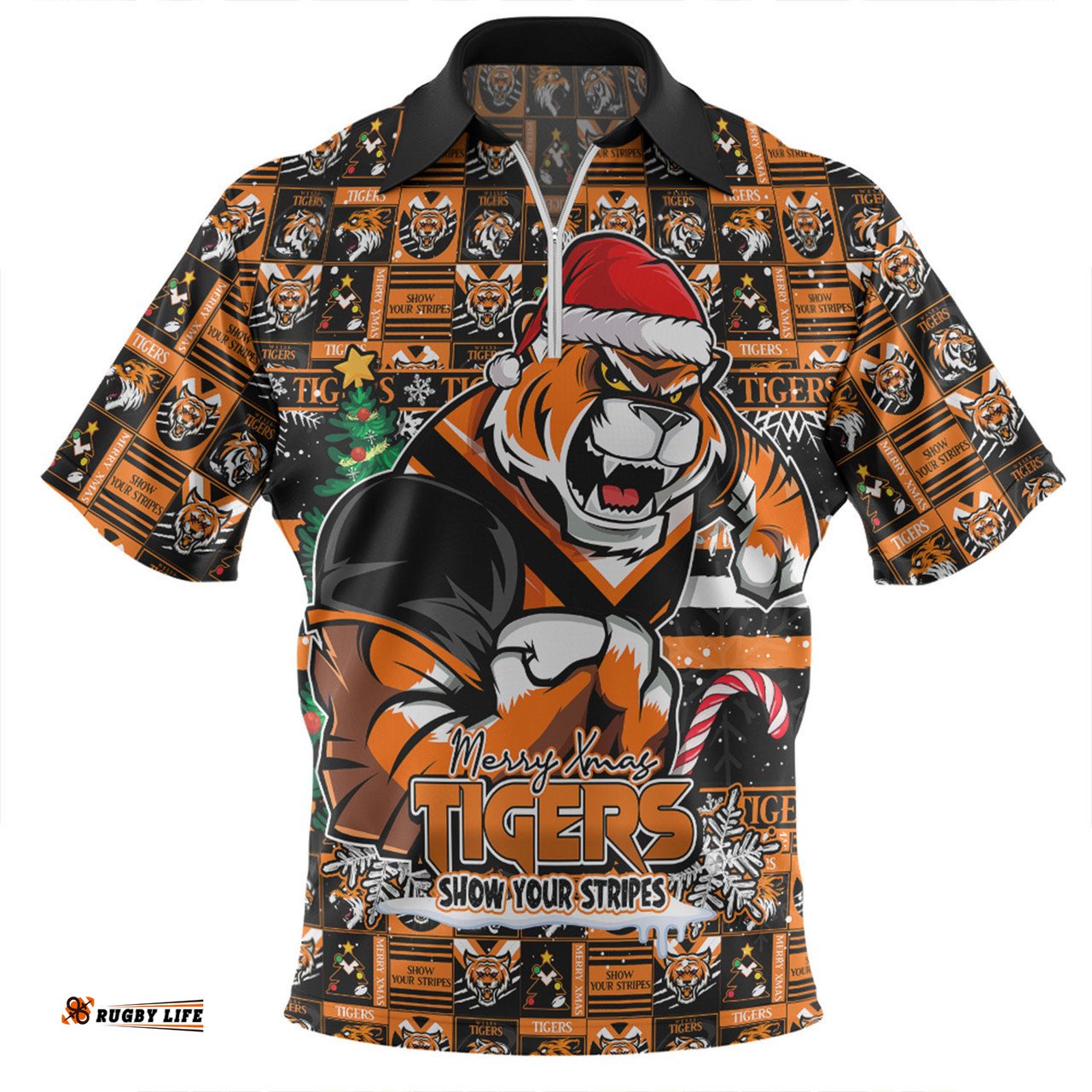 Wests Tigers Merry Ugly Christmas Comic Style Zip Polo Shirt
