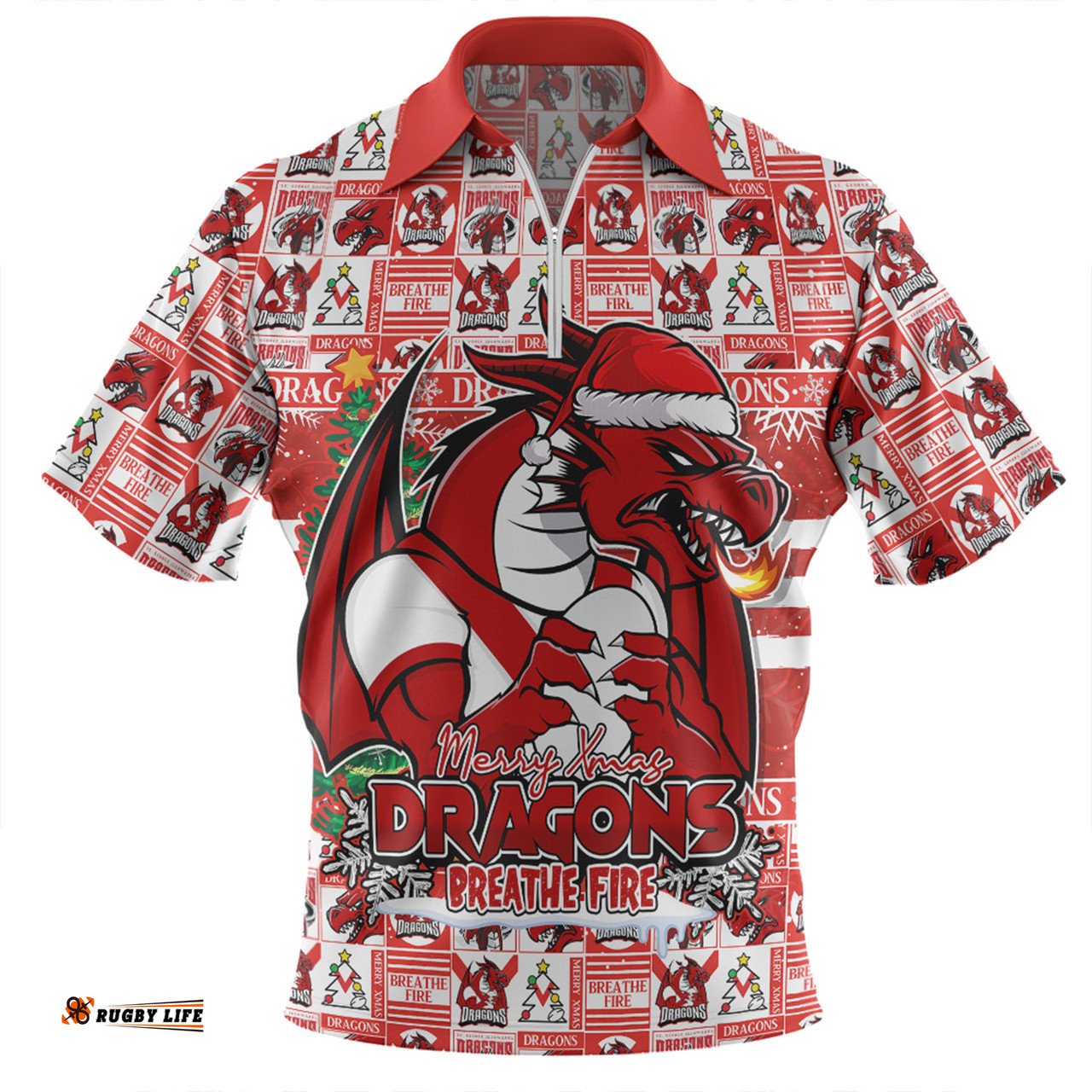 St. George Illawarra Dragons Merry Ugly Christmas Comic Style Zip Polo Shirt
