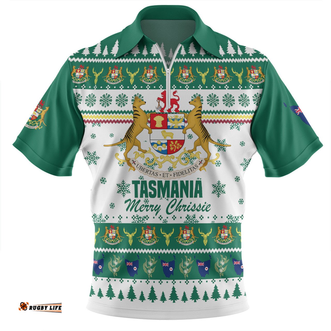 Tasmania Christmas Merry Chrissie Zip Polo Shirt