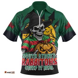 South Sydney Rabbitohs Dark Moon Rugby Halloween Battle Edition Zip Polo Shirt